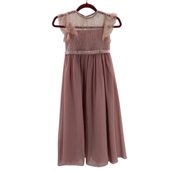 GIRL'S PARTY DRESS 6-7Y pink mauve lace chiffon ruffle sleeve maxi NEW B74 - Picture 1 of 7